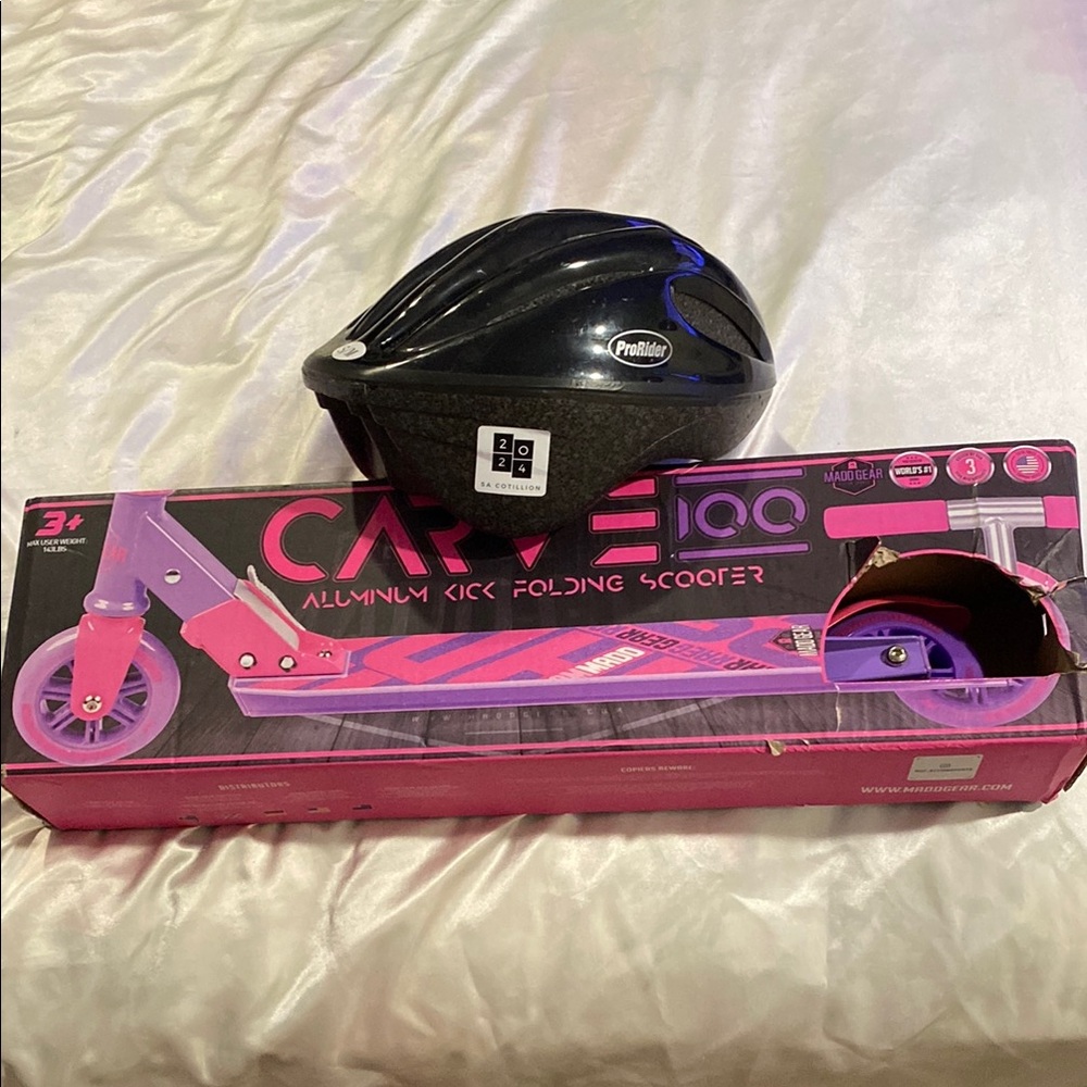 Pink Aluminum Kick Folding Scooter with Helmet